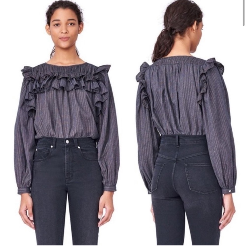 LA VIE Rebecca Taylor Lurex Gauze‎ Ruffle Top Cooper Stripe Detail Metallic